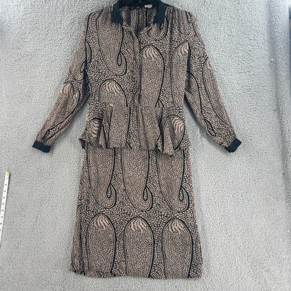 Vtg Saint Romei Womens Dress Silk Sz 10 Peplum 1980s Black Tan - Picture 12 of 14